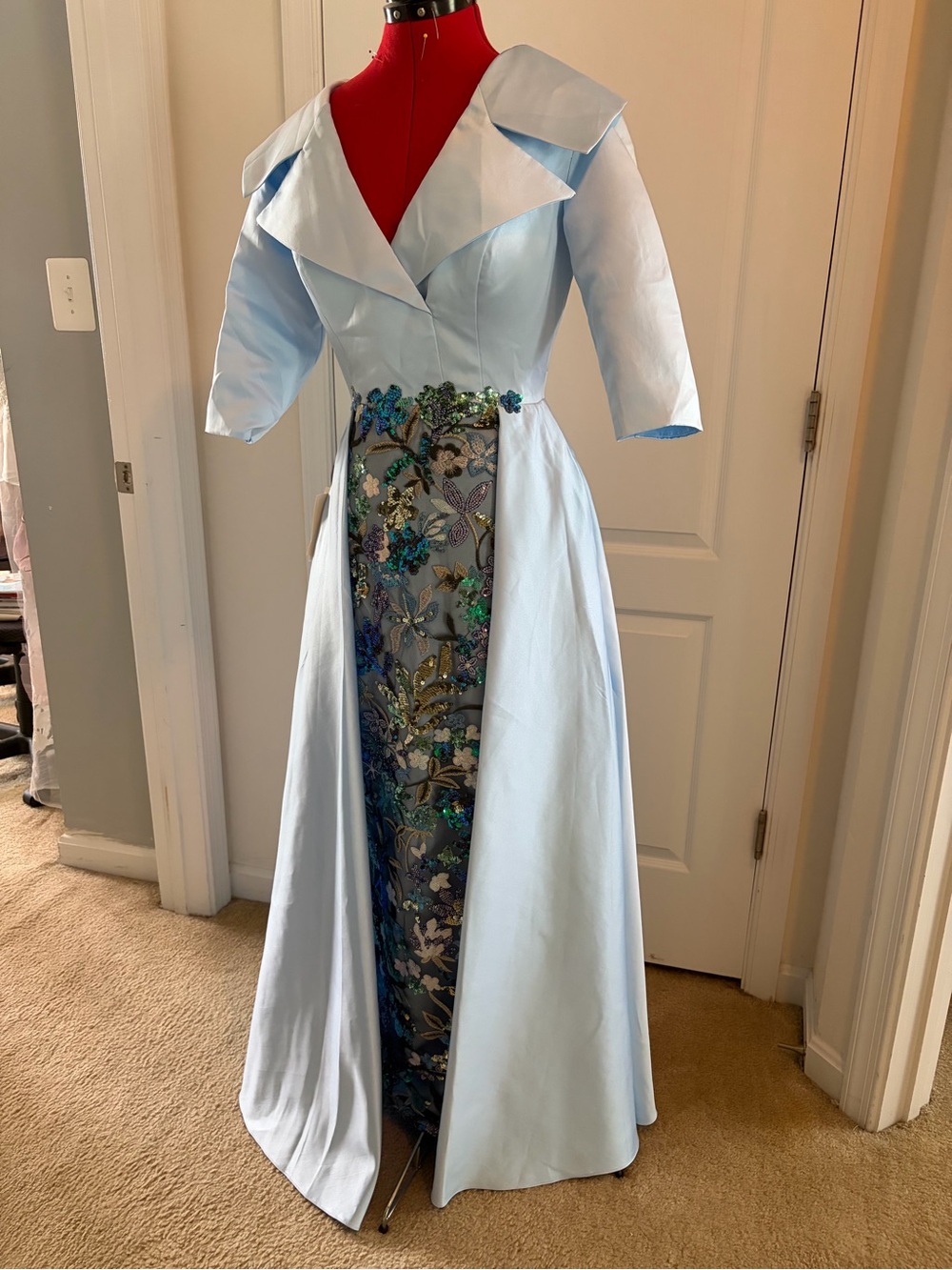 NWT Light Blue Embroidered Panel Evening Gown